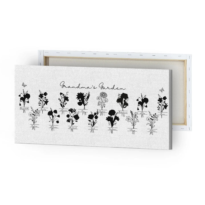Personalized Monogram Birth Month Flower Bouquets Wall Art in any color line art, featuring custom monogram, names, and color options-ARTFULANE