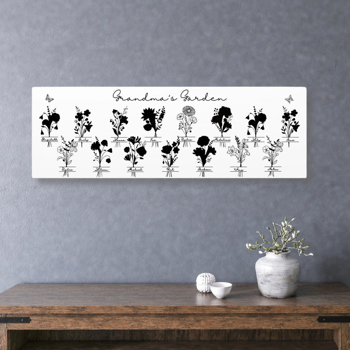 Personalized Monogram Birth Month Flower Bouquets Wall Art in any color line art, featuring custom monogram, names, and color options-ARTFULANE