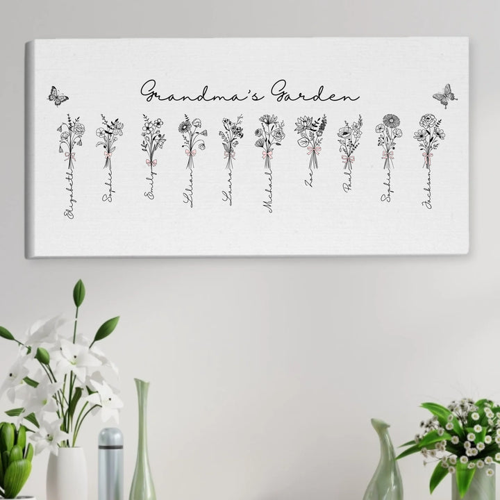 Personalized Coquette Birth Month Flower Bouquets Wall Art in any color line art with custom names, butterflies, and color options on unframed canvas-ARTFULANE