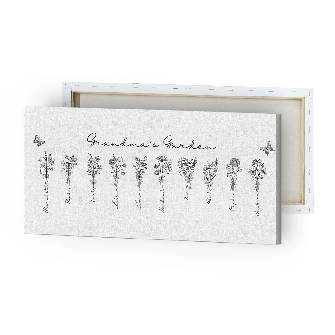 Personalized Coquette Birth Month Flower Bouquets Wall Art in any color line art with custom names, butterflies, and color options on unframed canvas-ARTFULANE