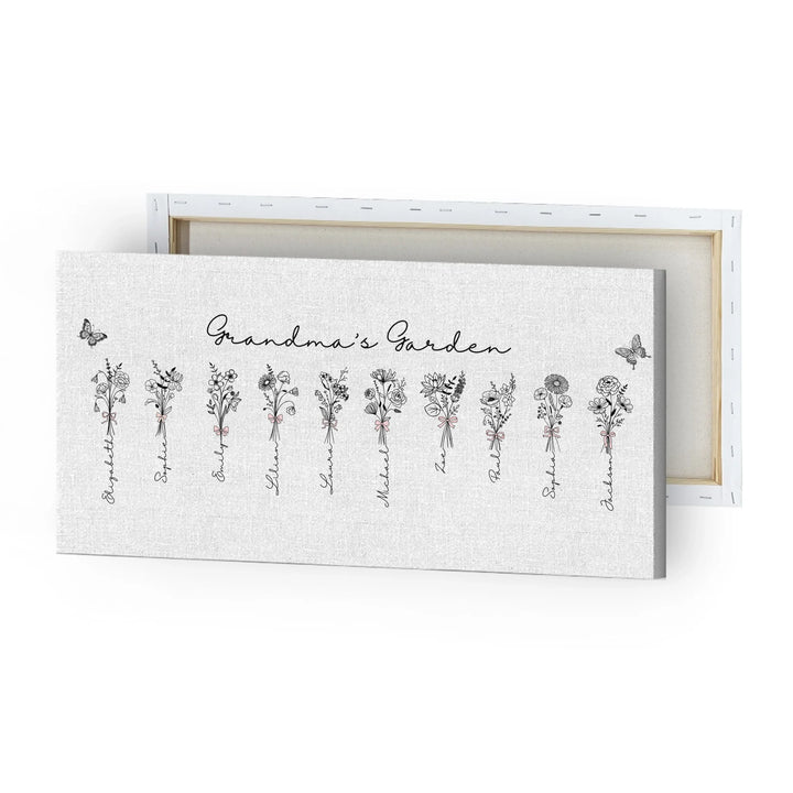 Personalized Coquette Birth Month Flower Bouquets Wall Art in any color line art with custom names, butterflies, and color options on unframed canvas-ARTFULANE