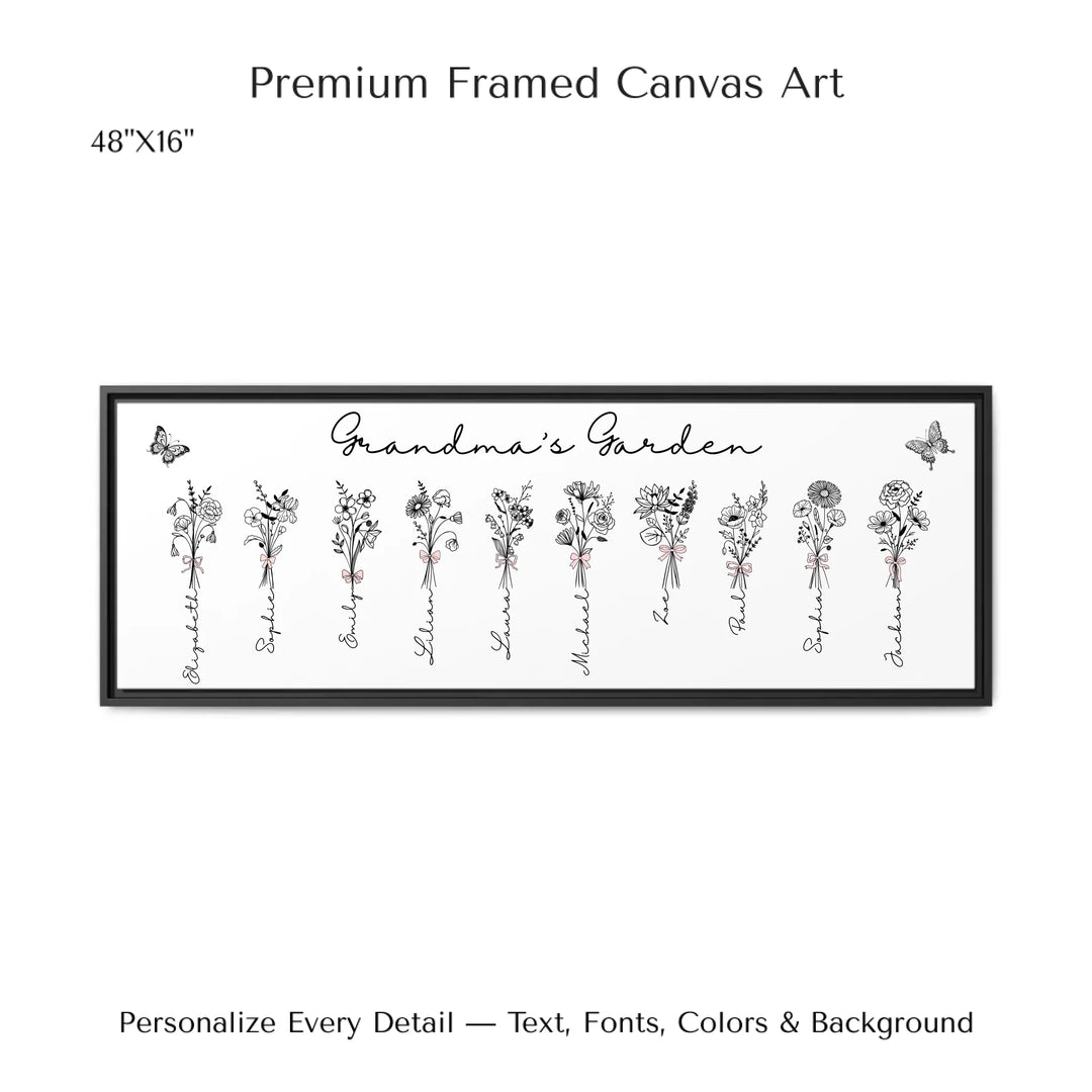 Personalized Coquette Birth Month Flower Bouquets Wall Art in any color line art with custom names, butterflies, and color options on framed canvas-ARTFULANE