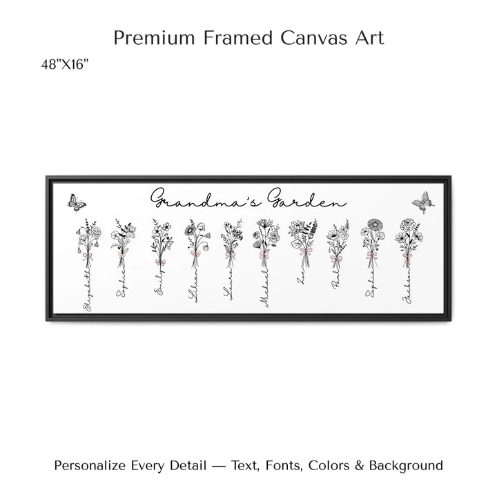 Personalized Coquette Birth Month Flower Bouquets Wall Art in any color line art with custom names, butterflies, and color options on framed canvas-ARTFULANE