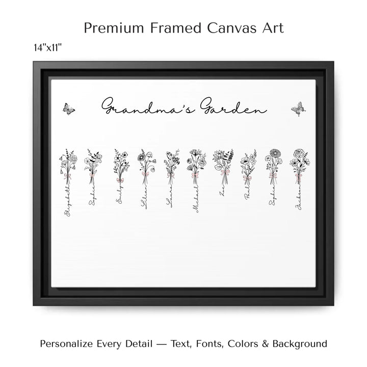 Personalized Coquette Birth Month Flower Bouquets Wall Art in any color line art with custom names, butterflies, and color options on framed canvas-ARTFULANE