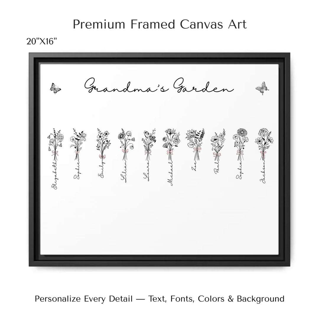 Personalized Coquette Birth Month Flower Bouquets Wall Art in any color line art with custom names, butterflies, and color options on framed canvas-ARTFULANE