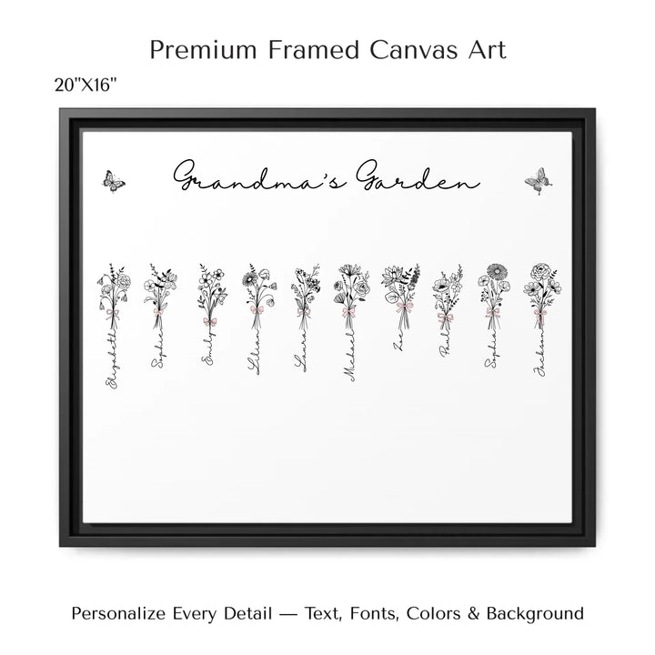 Personalized Coquette Birth Month Flower Bouquets Wall Art in any color line art with custom names, butterflies, and color options on framed canvas-ARTFULANE