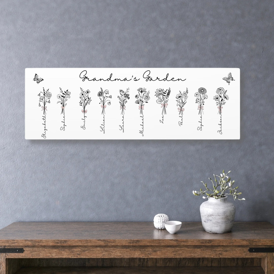 Personalized Coquette Birth Month Flower Bouquets Wall Art in any color line art with custom names, butterflies, and color options on unframed canvas-ARTFULANE