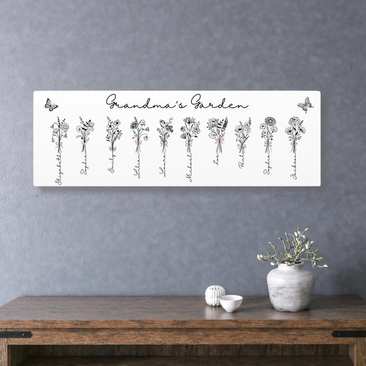 Personalized Coquette Birth Month Flower Bouquets Wall Art in any color line art with custom names, butterflies, and color options on unframed canvas-ARTFULANE