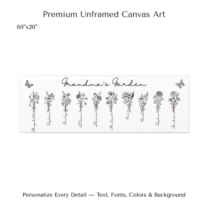 Personalized Coquette Birth Month Flower Bouquets Wall Art in any color line art with custom names, butterflies, and color options on unframed canvas-ARTFULANE