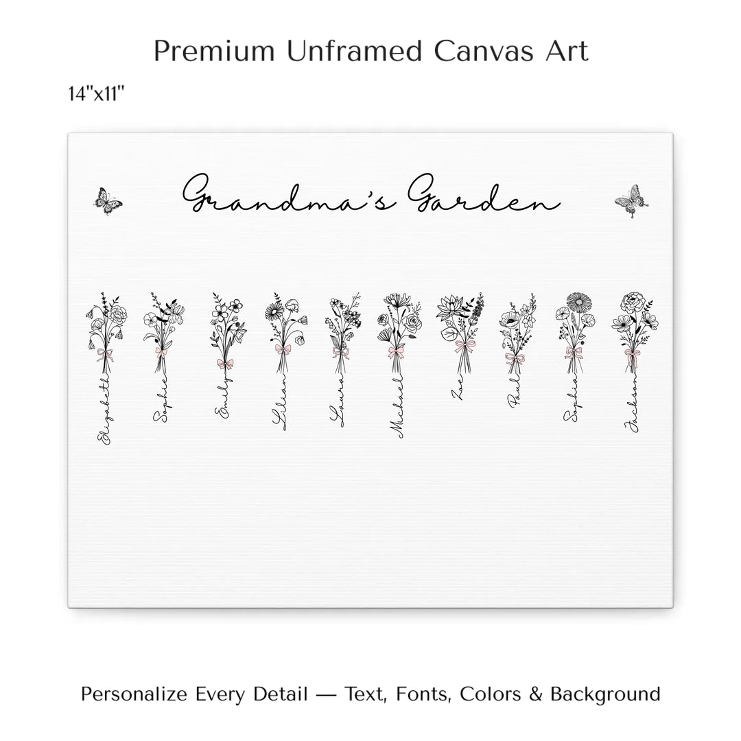 Personalized Coquette Birth Month Flower Bouquets Wall Art in any color line art with custom names, butterflies, and color options on unframed canvas-ARTFULANE