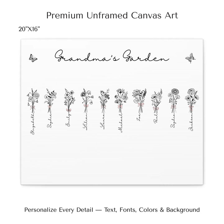 Personalized Coquette Birth Month Flower Bouquets Wall Art in any color line art with custom names, butterflies, and color options on unframed canvas-ARTFULANE