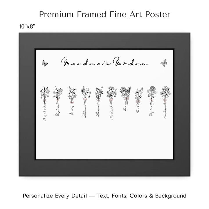 Personalized Coquette Birth Month Flower Bouquets Wall Art in any color line art with custom names, butterflies, and color options on framed poster-ARTFULANE