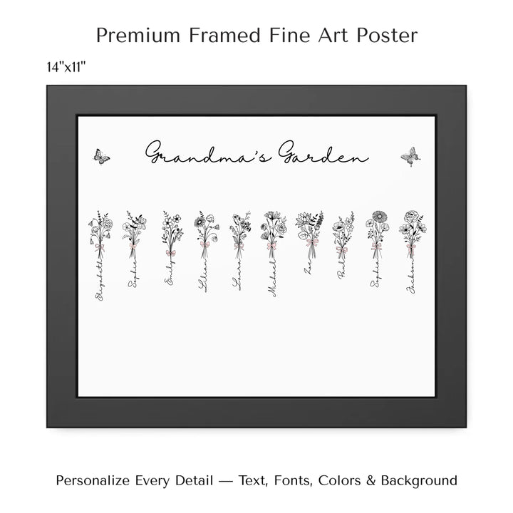 Personalized Coquette Birth Month Flower Bouquets Wall Art in any color line art with custom names, butterflies, and color options on framed poster-ARTFULANE