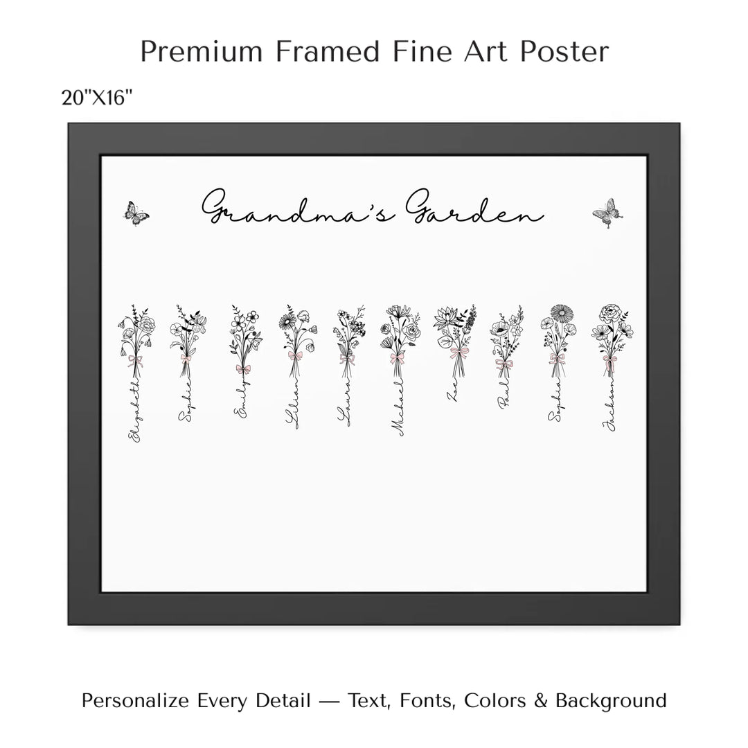 Personalized Coquette Birth Month Flower Bouquets Wall Art in any color line art with custom names, butterflies, and color options on framed poster-ARTFULANE