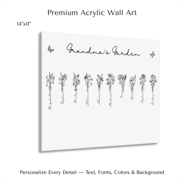 Personalized Coquette Birth Month Flower Bouquets Wall Art in any color line art with custom names, butterflies, and color options on acrylic prints-ARTFULANE