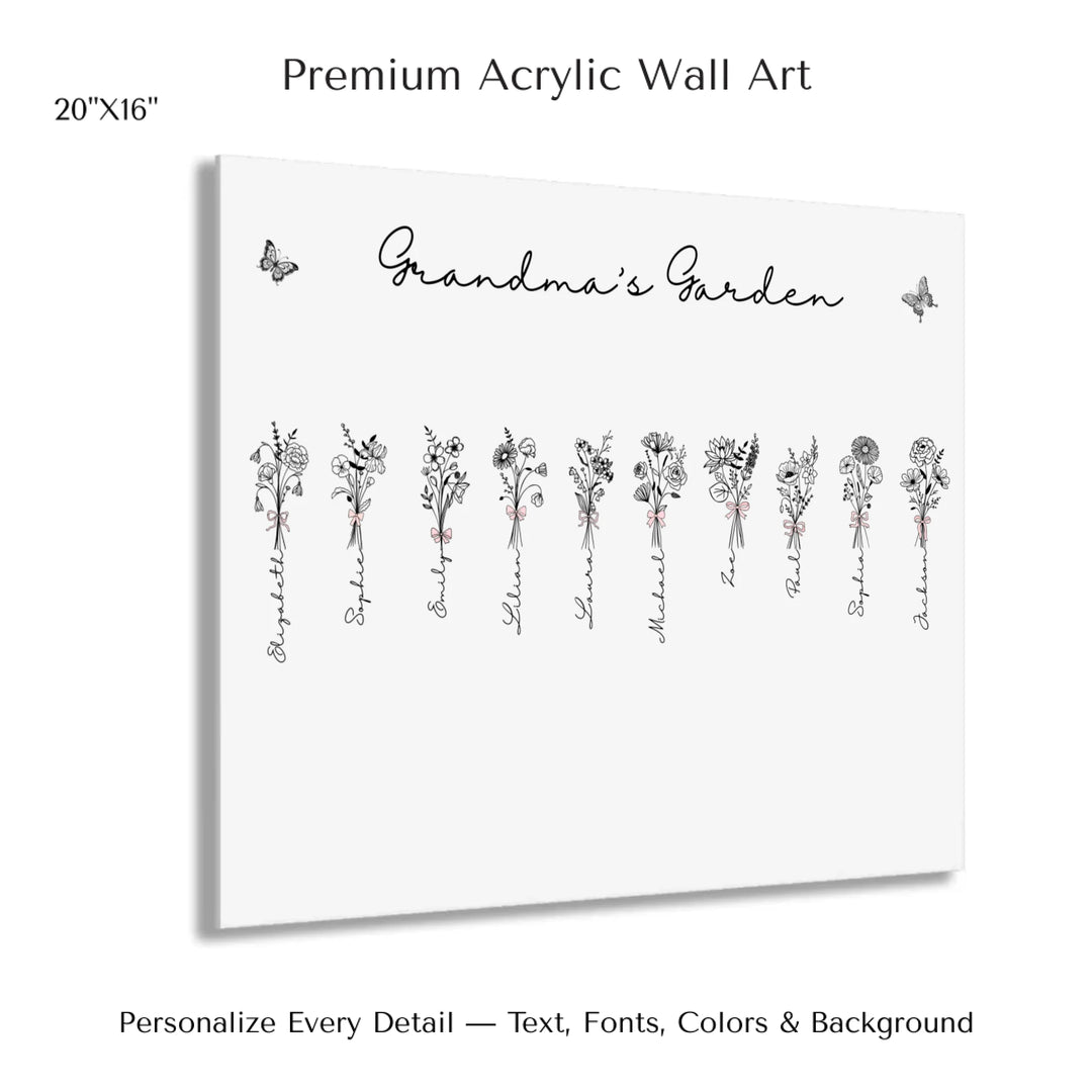Personalized Coquette Birth Month Flower Bouquets Wall Art in any color line art with custom names, butterflies, and color options on acrylic prints-ARTFULANE
