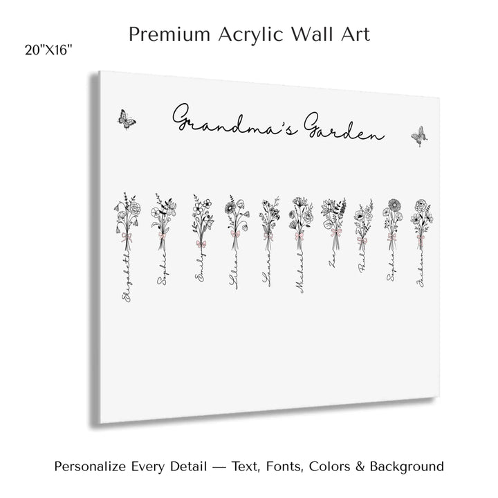 Personalized Coquette Birth Month Flower Bouquets Wall Art in any color line art with custom names, butterflies, and color options on acrylic prints-ARTFULANE