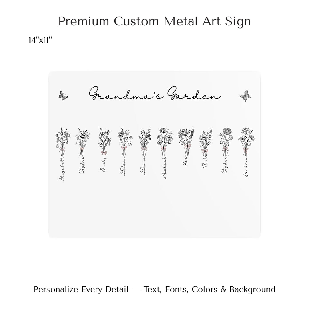 Personalized Coquette Birth Month Flower Bouquets Wall Art in any color line art with custom names, butterflies, and color options on metal art-ARTFULANE