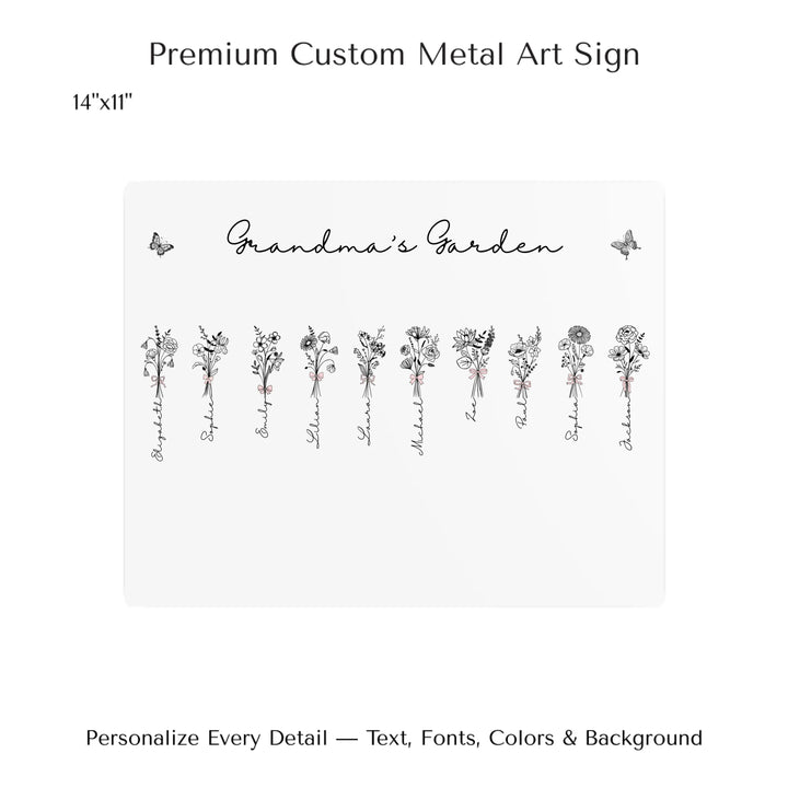 Personalized Coquette Birth Month Flower Bouquets Wall Art in any color line art with custom names, butterflies, and color options on metal art-ARTFULANE