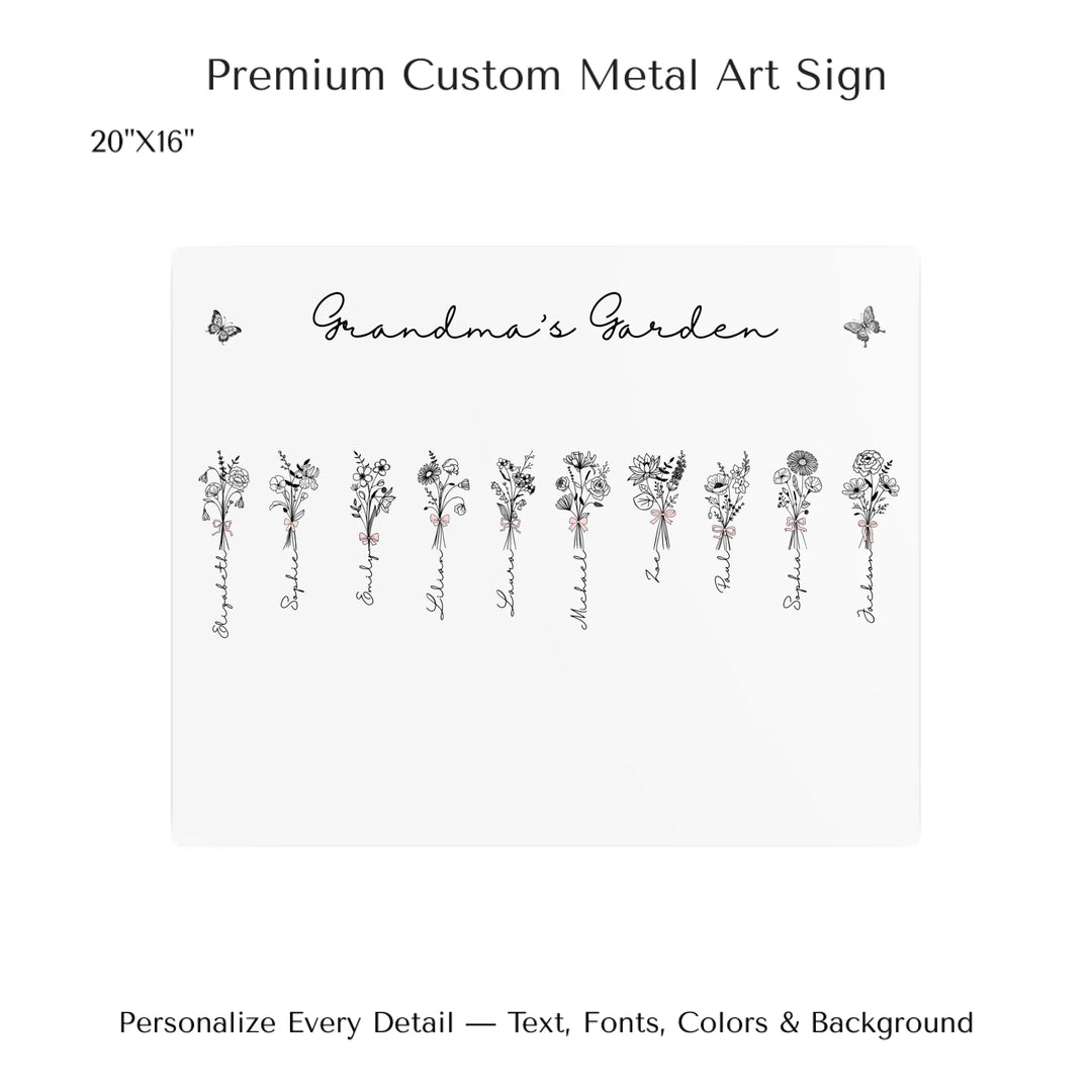 Personalized Coquette Birth Month Flower Bouquets Wall Art in any color line art with custom names, butterflies, and color options on metal art-ARTFULANE