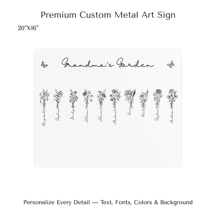Personalized Coquette Birth Month Flower Bouquets Wall Art in any color line art with custom names, butterflies, and color options on metal art-ARTFULANE