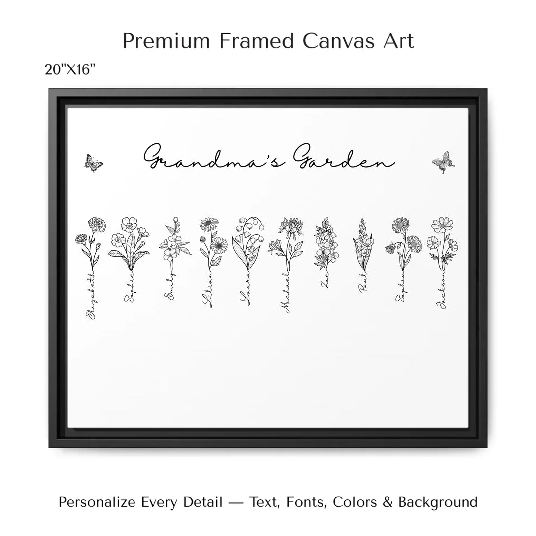 Personalized Birth Month Flowers Wall Art in any color line art with custom names, butterflies, and color options on framed canvas-ARTFULANE