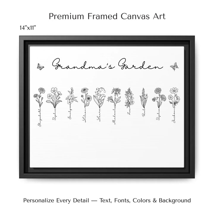 Personalized Birth Month Flowers Wall Art in any color line art with custom names, butterflies, and color options on framed canvas-ARTFULANE