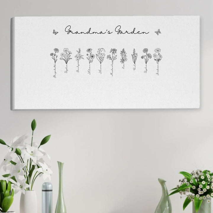 Personalized Birth Month Flowers Wall Art in any color line art with custom names, butterflies, and color options on unframed canvas-ARTFULANE