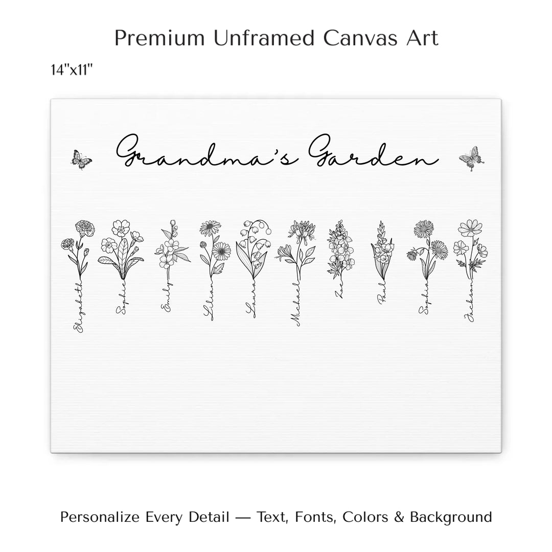 Personalized Birth Month Flowers Wall Art in any color line art with custom names, butterflies, and color options on unframed canvas-ARTFULANE