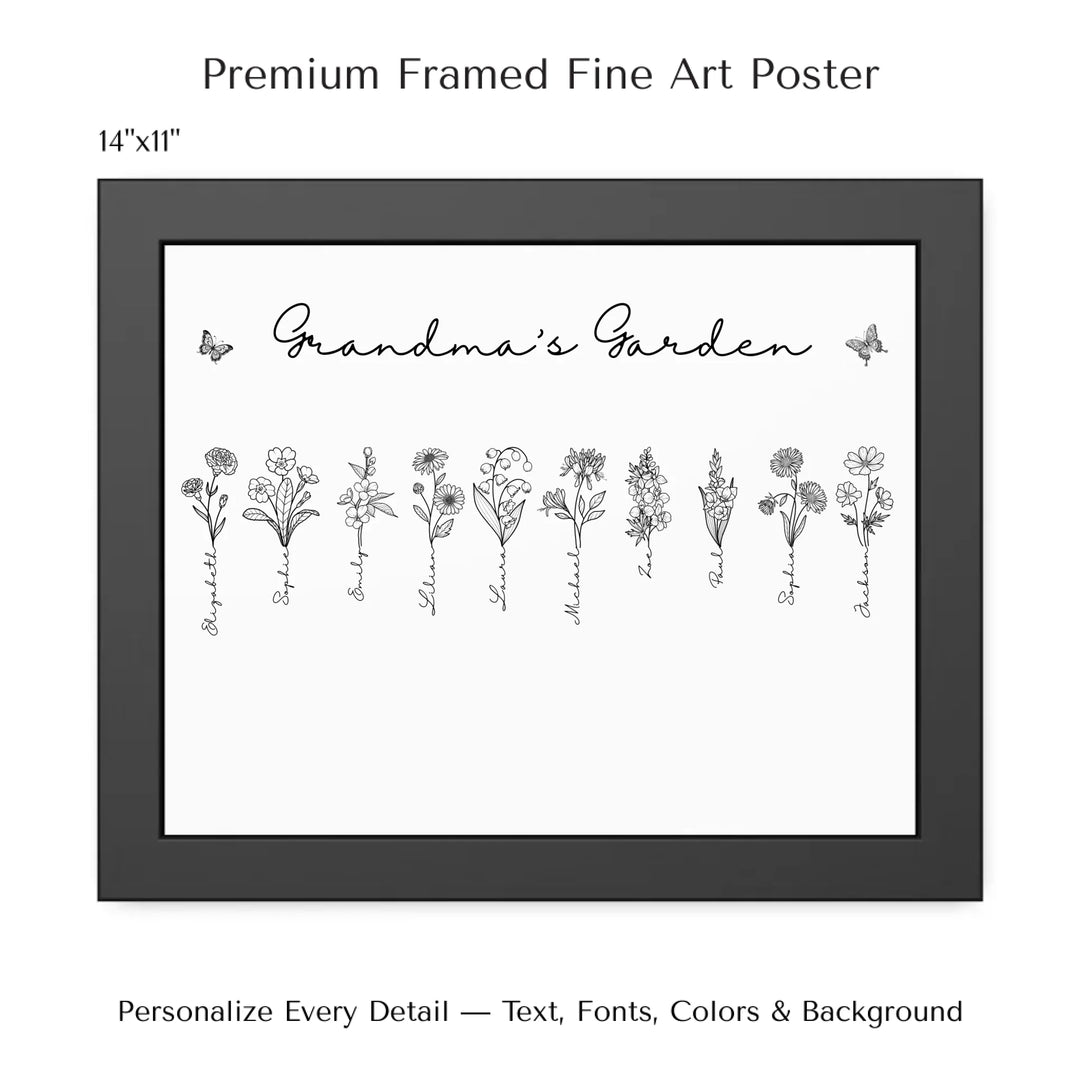 Personalized Birth Month Flowers Wall Art in any color line art with custom names, butterflies, and color options on framed poster-ARTFULANE