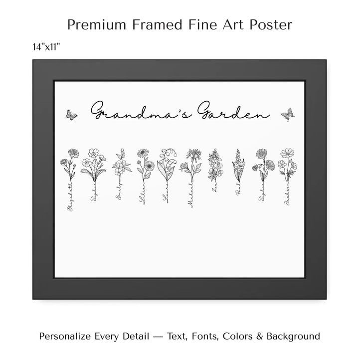 Personalized Birth Month Flowers Wall Art in any color line art with custom names, butterflies, and color options on framed poster-ARTFULANE