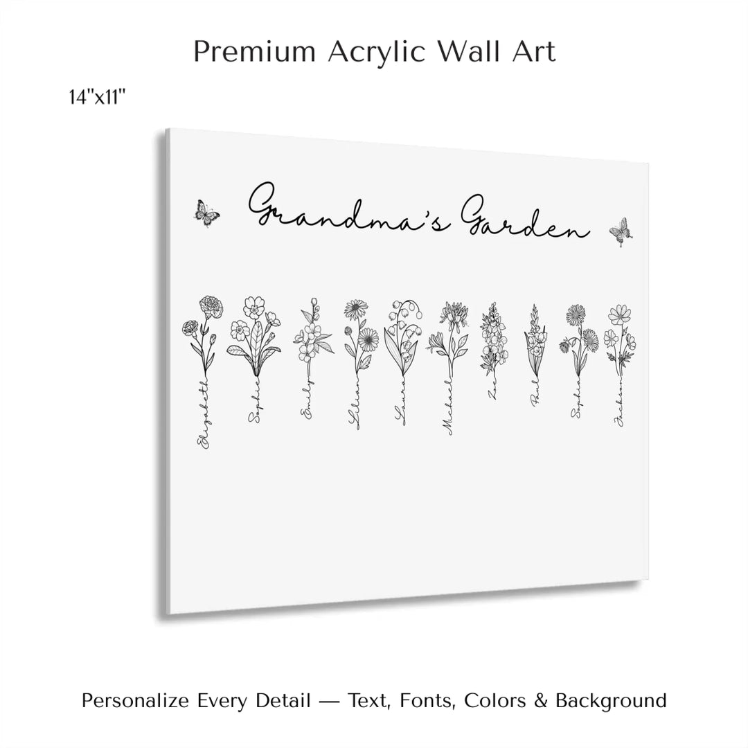 Personalized Birth Month Flowers Wall Art in any color line art with custom names, butterflies, and color options on acrylic print-ARTFULANE