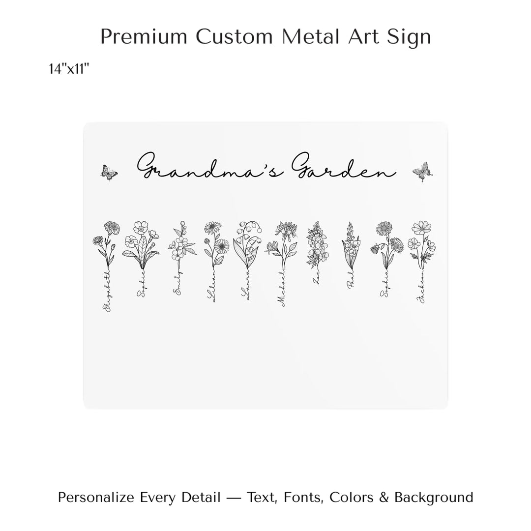 Personalized Birth Month Flowers Wall Art in any color line art with custom names, butterflies, and color options on metal art-ARTFULANE