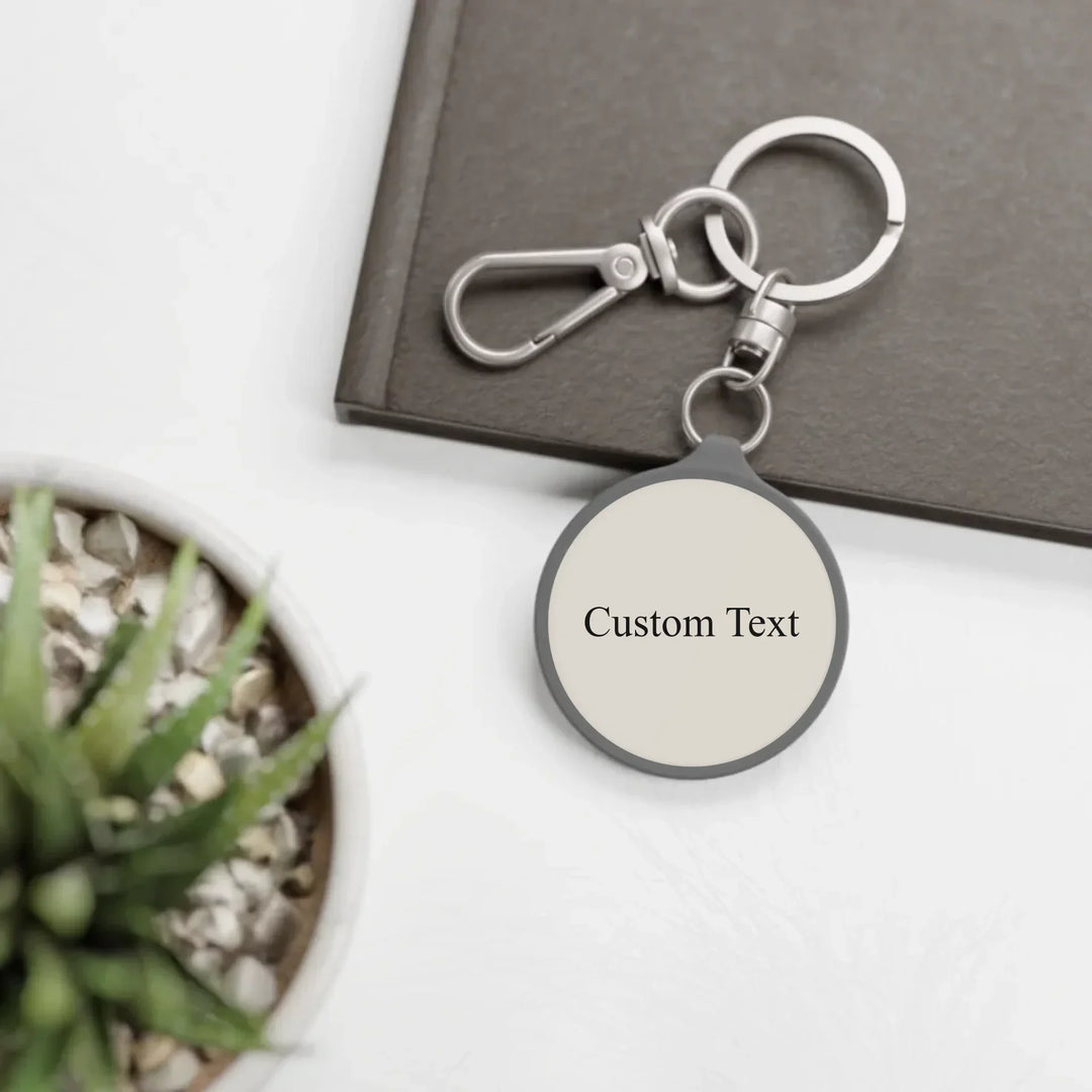 travel keyring tag on table-Custom background color and text-ARTFULANE