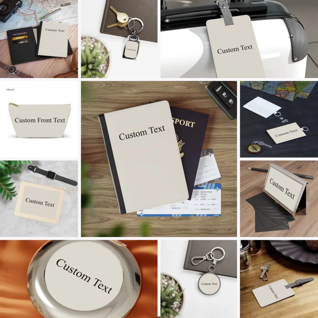 Personalized Travel Accessories Collection – Custom Text Passport Cover, Luggage Tags, Pouches, Mirror, Keyring & Card Holder by ARTFULANE