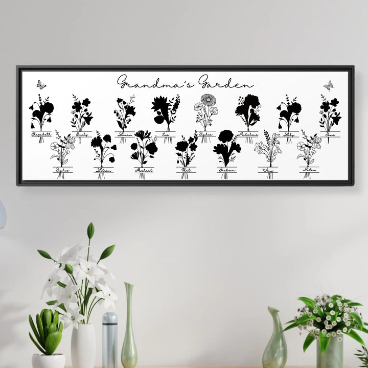 Personalized Monogram Birth Month Flower Bouquets Wall Art in any color line art, featuring custom monogram, names, and color options-ARTFULANE