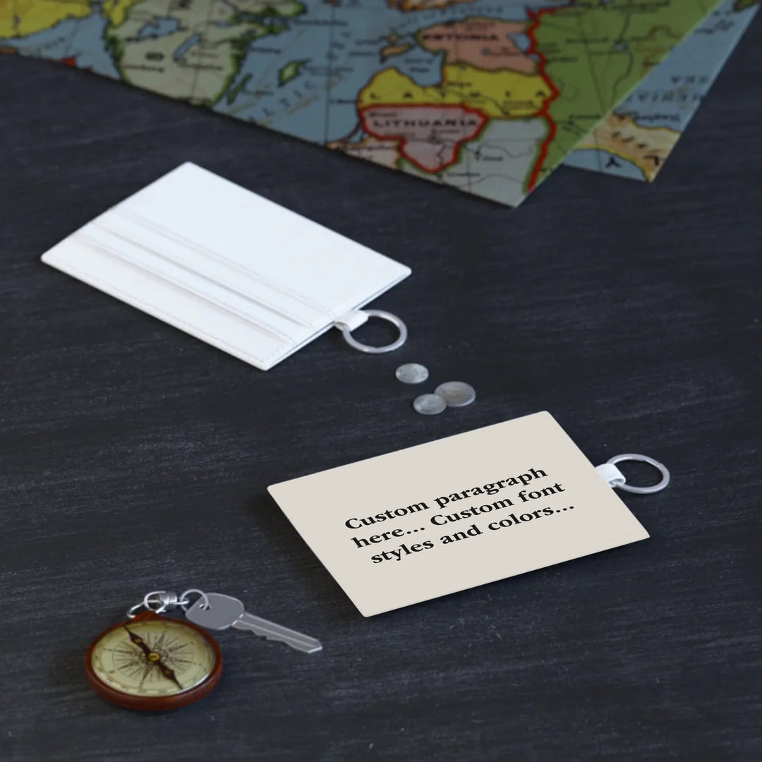 Saffiano Leather Card Holder on table-Custom message, fonts, and colors-ARTFULANE