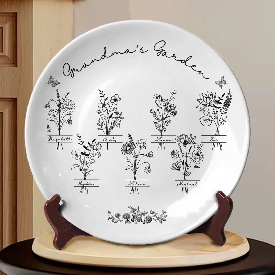 Custom Monogram birth flower line art ceramic plate with stand in any color featuring minimalist floral designs and custom family names by ARTFULANE