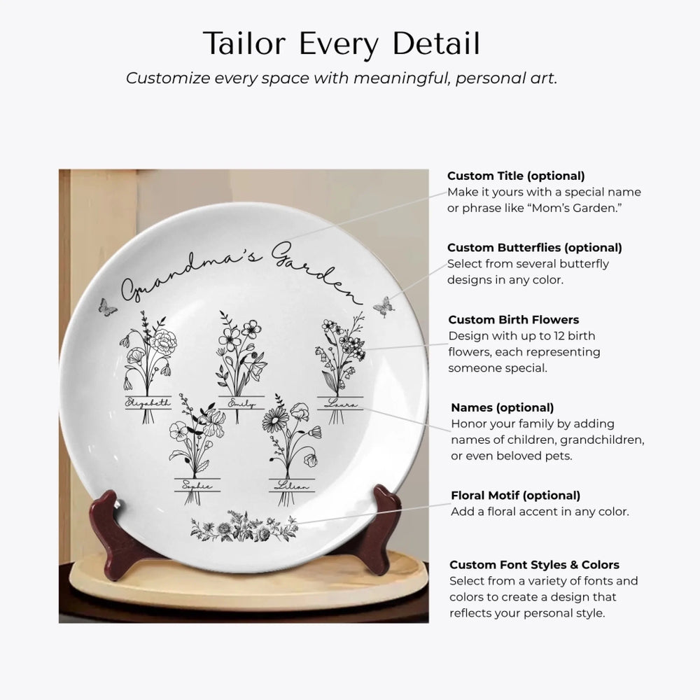 Customization Options of Monogram birth flower line art ceramic plate with stand in any color featuring minimalist floral designs and custom family names by ARTFULANE