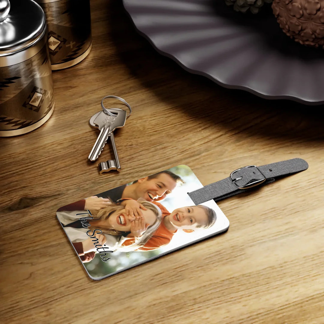 Saffiano Luggage Tag on table-Custom photo, text, fonts, and colors-ARTFULANE