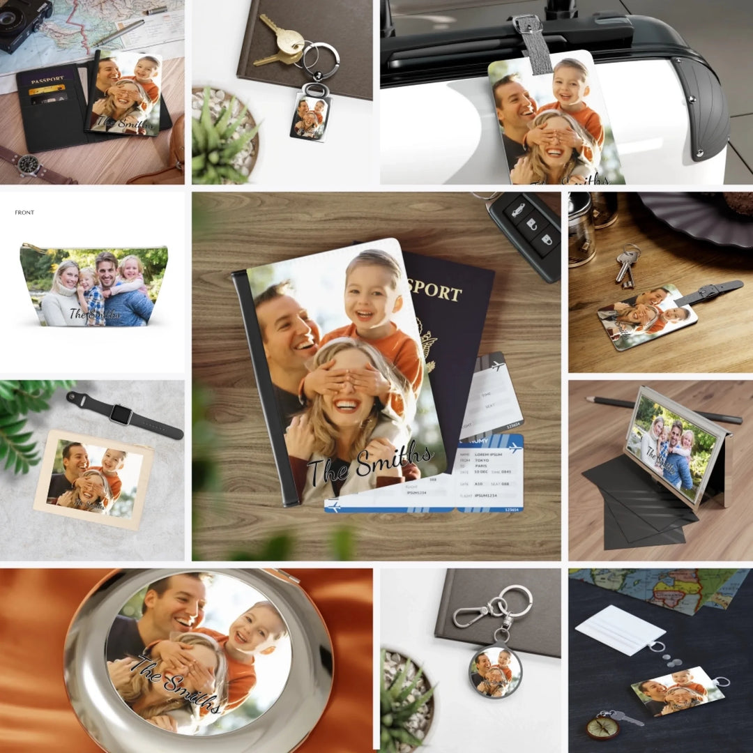 Custom Photo Travel Accessories Set Collection – Personalized Passport Cover, Luggage Tags, Card Holder, Pouches, Travel Mirror & More - ARTFULANE