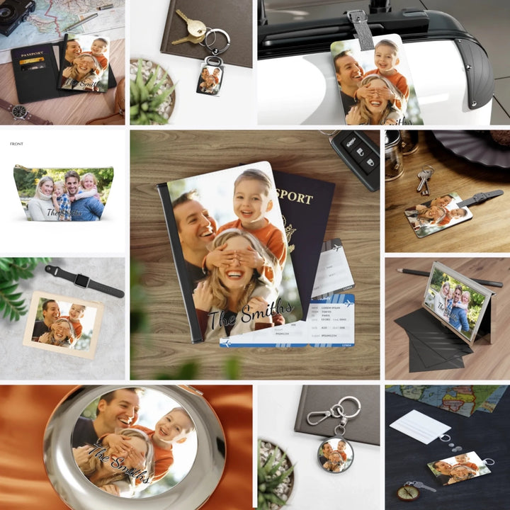 Custom Photo Travel Accessories Set Collection – Personalized Passport Cover, Luggage Tags, Card Holder, Pouches, Travel Mirror & More - ARTFULANE