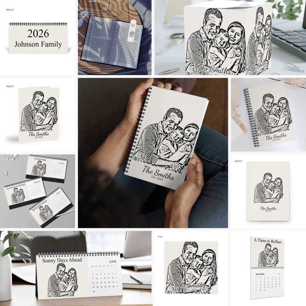 Custom Photo Portrait Sketch Stationery Accessories - Spiral Notebook, Hardcover Journal, Post-it Note Pads, Note Cube, Bookmark, Greeting Cards, Postcards, Wall and Desktop Calendars - ARTFULANE
