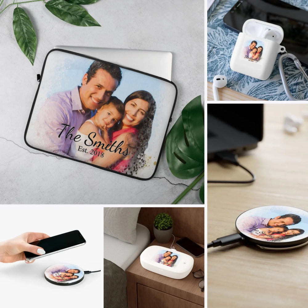 Custom Watercolor Border Photo Tech Accessories - Laptop Sleeve, Watch Band, Phone Grip, AirPod Case, Charger & UV Sanitizer - ARTFULANE