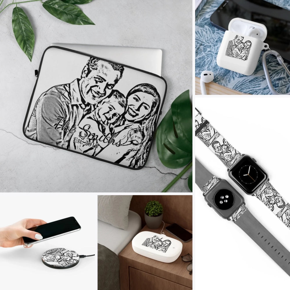 Custom Photo Portrait Sketch Tech Accessories - Laptop Sleeve, Watch Band, Phone Grip, AirPod Case, Charger & UV Sanitizer - ARTFULANE