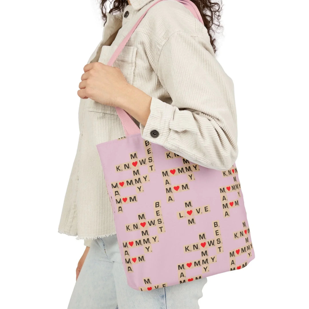 Custom-canvas-tote-bag-Mom-Knows-Best-on-model-artfulane