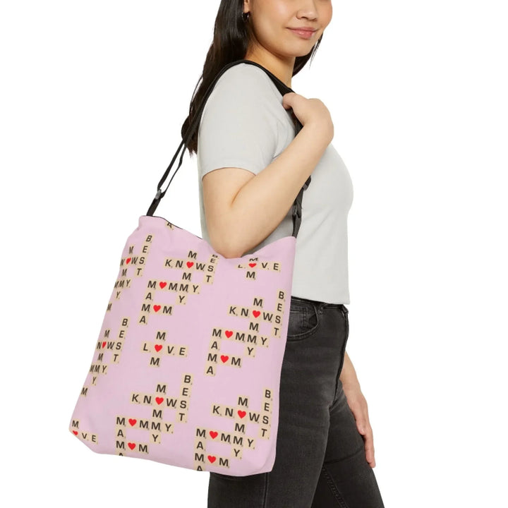 Custom-adjustable-tote-bag-Mom-Knows-Best-on-model-artfulane