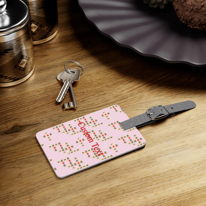 Custom-Travel-Accessories-luggage-tag-on-table-Mom-Knows-Best-artfulane