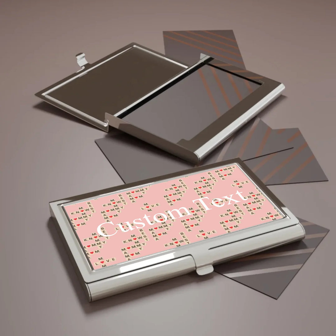 Custom-Travel-Accessories-business-card-holder-in-context-Mom-Knows-Best-artfulane