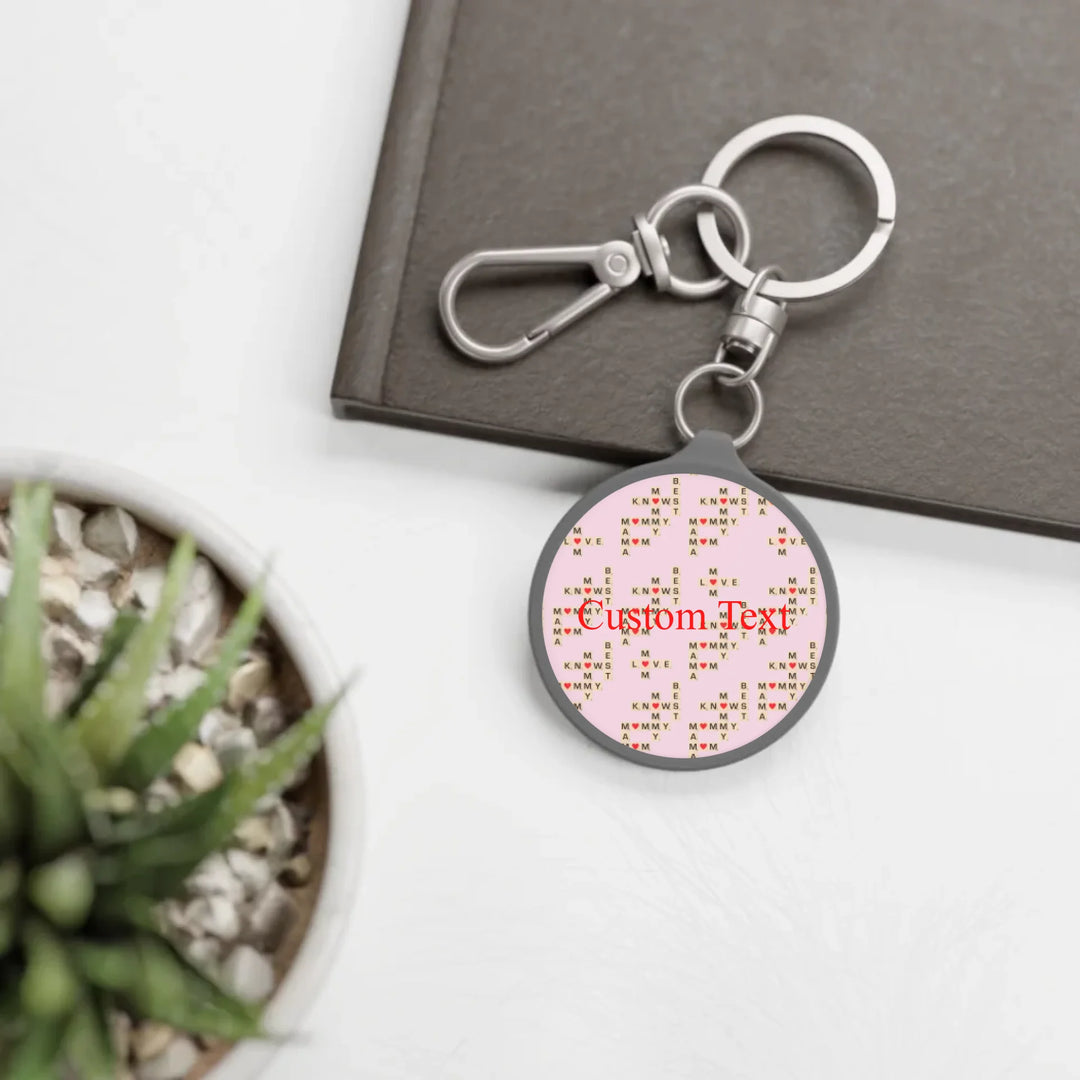 Custom-Travel-Accessories-circle-keyring-tag-in-context-Mom-Knows-Best-artfulane
